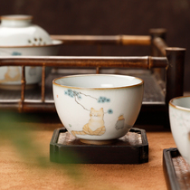 汝窑小猫主人杯品茗杯单个人杯子泡茶碗建盏陶瓷功夫茶杯茶道茶具