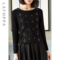 LAFOPPA 羊绒衫女冬季高端轻奢双线加厚重磅纯色圆领黑色毛衣