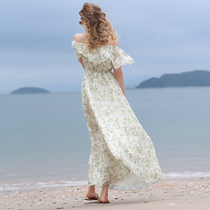 女森系一字肩海边度假连衣裙碎花雪纺长裙青海湖旅游拍照沙滩裙子