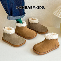 韩版羊羔毛儿童加绒短靴冬季男女童保暖毛毛靴磨砂真皮宝宝二棉靴