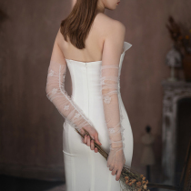 WG100超仙蕾丝花朵珍珠套袖 白色长款婚礼拍照无指新娘结婚手套