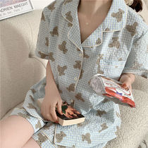新款ins可爱小熊格子睡衣女日系夏季网红短袖学生卡通家居服套装