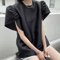 韩国东大门短袖衬衫女2024夏季小众设计感花苞袖宽松慵懒风上衣女