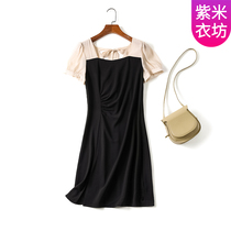 紫米衣坊裙子女夏季小个子新款法式方领黑色气质开叉短袖连衣裙