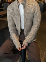 MRDONG韩国男装代购高档羊毛颗粒绒感波浪纹插肩立领针织开衫外套