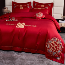 新中式大红色婚庆<em>四件套</em>100S长绒棉被套纯棉床单结婚喜被床上用品