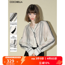 COCOBELLA新中式蕾丝拼接印花条纹衬衫女通勤立领衬衣SR0015