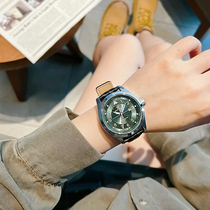 领翔新款男士简约军事工装风复古碳纤维纹路皮带表中性绿色手表女