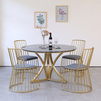 北欧轻奢大理石圆形餐桌现代桌铁艺家用小户型带转盘圆餐桌椅组合