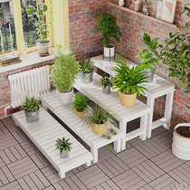 阶梯花架实木梯形单个多层落地式脚踏花凳阳台庭院防腐白色花盆架