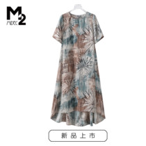 M2预售2024夏新款宽松大码收腰显瘦遮肚中年妈妈短袖雪纺连衣裙