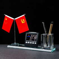 水晶笔筒桌面实用双面小红旗电子表创意办公桌饰品客厅红旗摆件厂