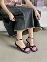 紫色很有韵味2024夏高跟鞋新款一字带细跟中跟凉鞋露趾性感礼服鞋