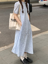 国风新中式蓝色缠绕花立领连衣裙夏季度假裙遮肉显瘦甜美风长裙女