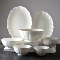 白色碗碟骨瓷餐具套装陶瓷家用饭碗汤盘深盘纯色盘子浮雕漂亮碗盘