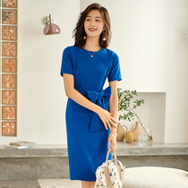 宝蓝色连衣裙夏季短袖法式直筒显瘦高级感觉正装中长通勤裙子