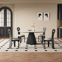奥古斯特复古岩板圆桌家用黑色意式现代简约实木餐桌圆形带转盘