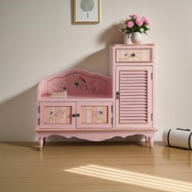 美式实木家用门口一体换鞋凳入户可坐鞋柜穿鞋凳粉色收纳储物柜