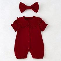 新生儿婴儿满月百天女宝宝衣服短袖包屁衣夏季服装洋气红色连体衣