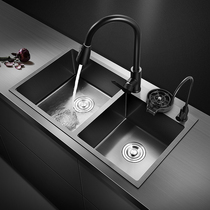 德国洗菜盆双槽 厨房纳米水槽304不锈钢洗碗槽水池家用黑色洗碗池