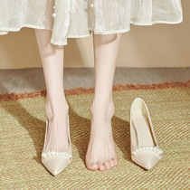 法式单鞋女粗跟尖头旗袍伴娘鞋日常可穿舒适浅色高跟鞋女气质仙女