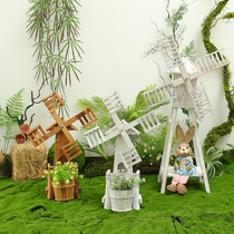 实木风车摆件微景观花园庭院装饰创意森系摆设幼儿园环境布置材料