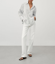 西班牙女装 夏季新品 宽松型纯棉条纹长袖衬衫 挺括时尚休闲上衣