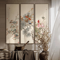 新中式茶室花鸟四屏图装饰画别墅玄关客厅背景墙多联组合竖版挂画