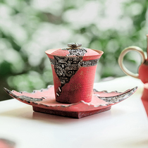 拓土老岩泥粉引胭脂红饕餮纹盖碗中式复古纯手工喝茶碗粗陶泡茶器