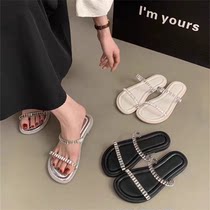罗马风拖鞋女2024夏外穿韩版水钻一字露趾气质仙女风软平底凉拖鞋