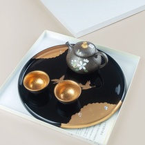 日本进口山中前重漆器树脂圆托盘日式手工仙鹤漆盘干泡茶盘果盘子