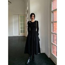 pusumede 长袖镂空针织连衣裙女设计感小众收腰显瘦气质黑色长裙