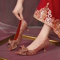 红色法式婚鞋新娘鞋女2024新款高跟鞋3cm低跟单鞋婚纱两穿水晶鞋