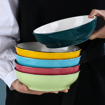 家庭分色5色陶瓷盘子家用菜盘汤盘加厚加深圆形餐具早餐盘