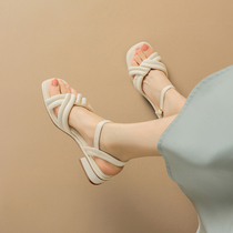 达芙妮凉鞋女夏季2024新款法式粗跟交叉绑带时尚百搭中跟露趾女鞋
