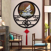 新中式一帆风顺入户玄关走廊过道高级感圆形装饰画玉石画玉雕挂画