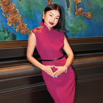 BRAND BY MEI独具匠心/玫紫色蕾丝花朵设计感精致中长款旗袍修身