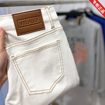 奇阿玛尼亚米白色牛仔裤男2024新款夏季修身小脚高端品牌薄款裤子