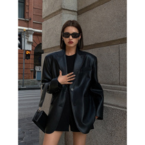 ousph黑色PU皮衣西装外套女2024秋冬新款高级质感宽松小西服夹克
