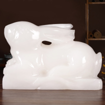 天然玉石玉兔摆件一对白玉手工雕刻办公室玄关客厅电视柜兔子摆设