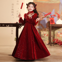 女童新年礼服秋冬季加绒元旦主持人公主裙儿童红色花童钢琴演出服