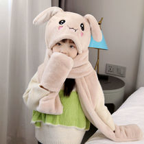 味衣阁3-14岁小孩子冬天戴的兔子耳朵会动的男女儿童亲子帽子围巾