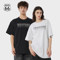 ROUTE66美式复古幻影烫钻圆领短袖T恤男女同款宽松潮流设计感上衣