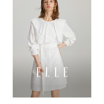 ELLE白色设计感圆领系带连衣裙女2024春装新款小个子显瘦长袖裙子
