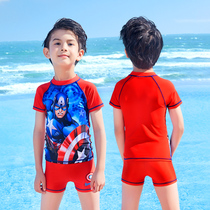 迪士尼儿童泳衣男童中大童小童分体防晒速干温泉泳衣套装美国队长