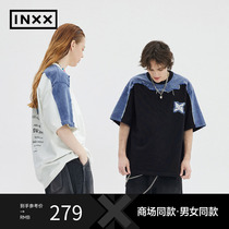 【INXX】Standby 街头潮流短袖T恤男牛仔不规则拼接宽松上衣情侣