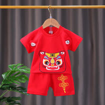 夏季男童抓周衣服中国风女宝宝生日宴黄马褂套装婴儿百天周岁礼服