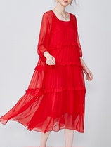 夏季新款真丝连衣裙V领大红色中长款桑蚕丝裙子宽松精致女裙小众