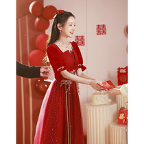 新中式敬酒服2024新款新娘中国风酒红纱裙夏季轻婚纱订婚礼服裙子