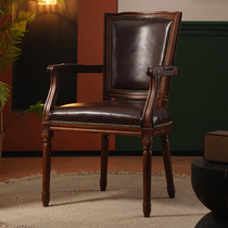 美式实木真皮餐椅复古做旧橡木靠背椅咖啡餐厅酒店家用原木书桌椅